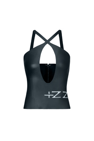 Latex Deep cut top Metallic Black